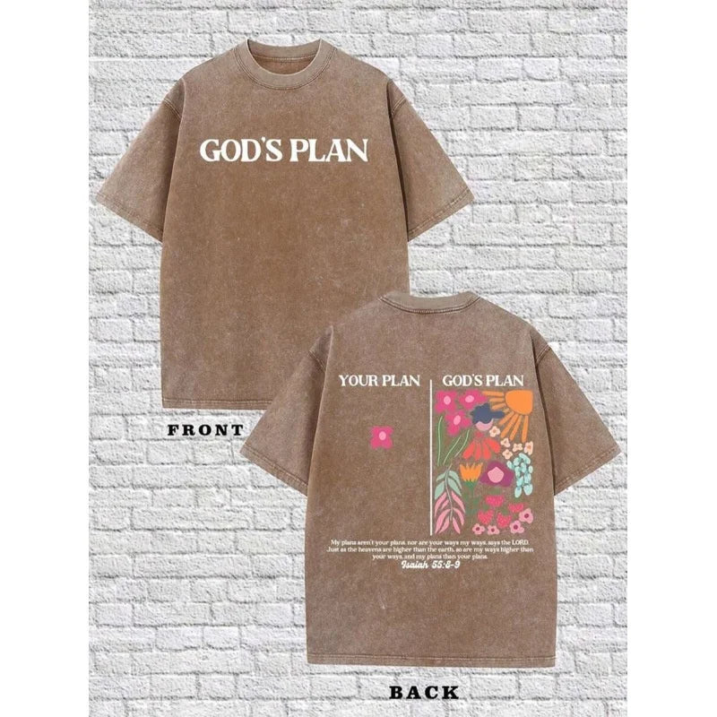 Men's Cotton T-Shirt Printed with "GOD'S PLAN" High Street Style Short Sleeve round Neck Casual Top for Youth Spring Autumn