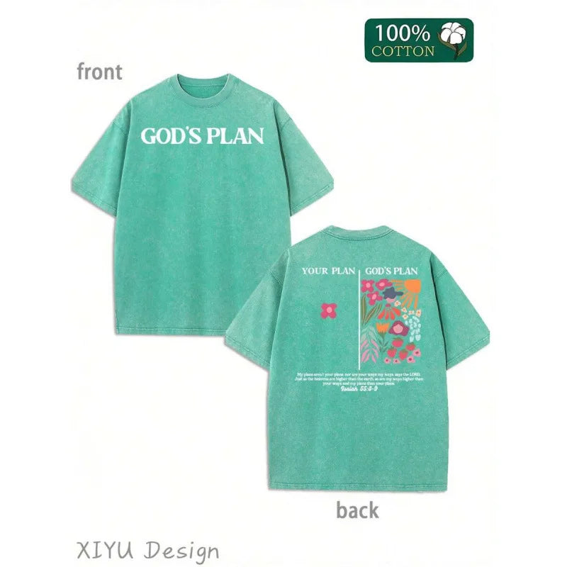 Men's Cotton T-Shirt Printed with "GOD'S PLAN" High Street Style Short Sleeve round Neck Casual Top for Youth Spring Autumn