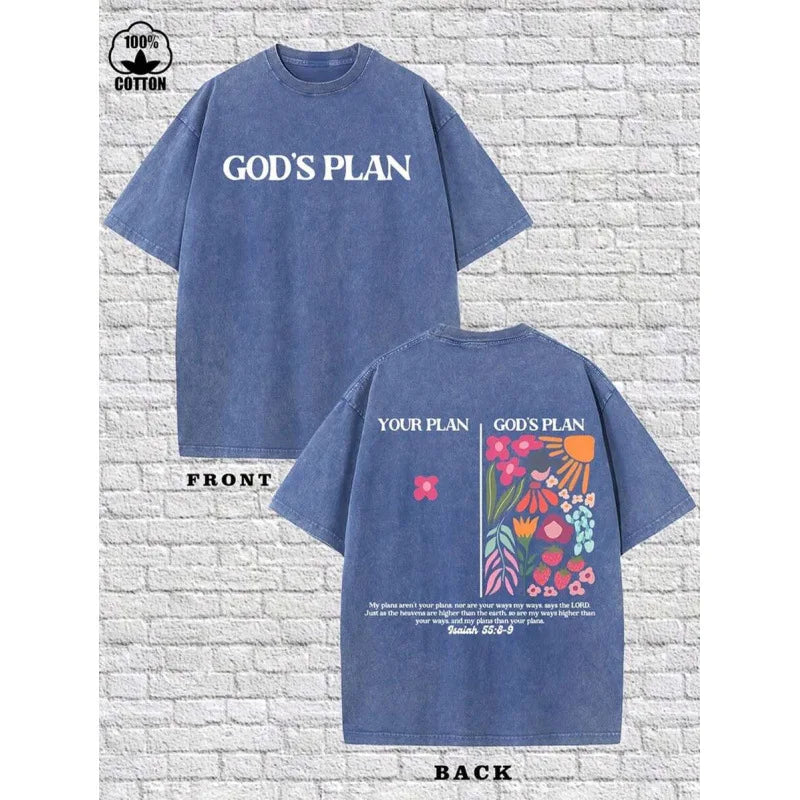 Men's Cotton T-Shirt Printed with "GOD'S PLAN" High Street Style Short Sleeve round Neck Casual Top for Youth Spring Autumn