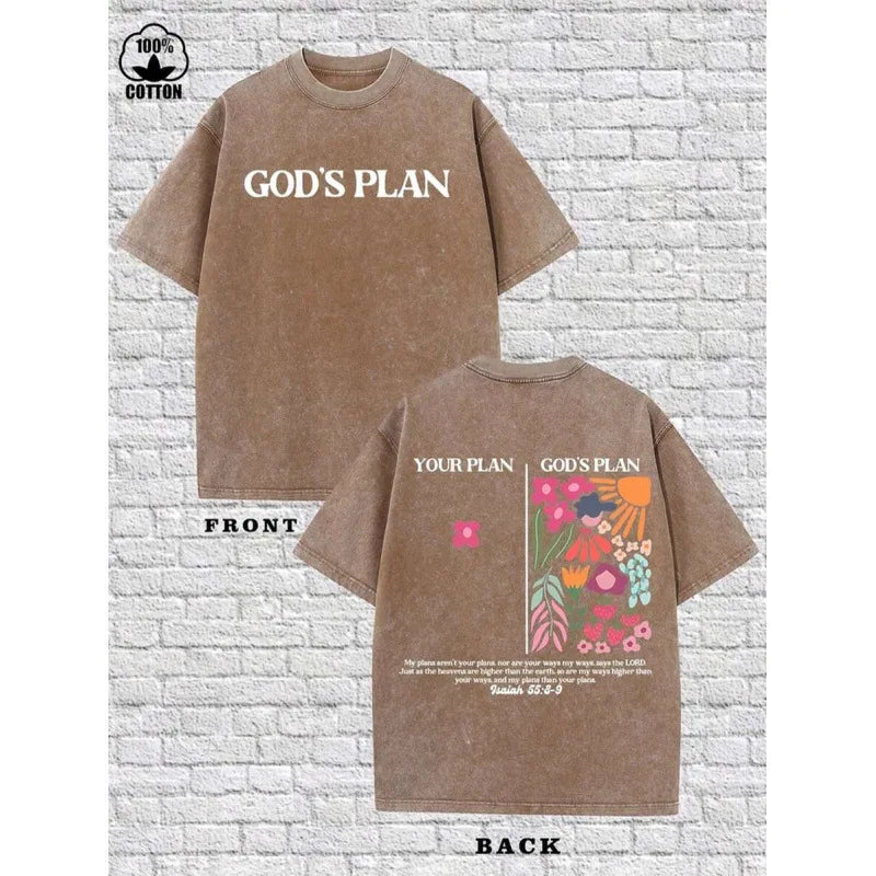 Men's Cotton T-Shirt Printed with "GOD'S PLAN" High Street Style Short Sleeve round Neck Casual Top for Youth Spring Autumn