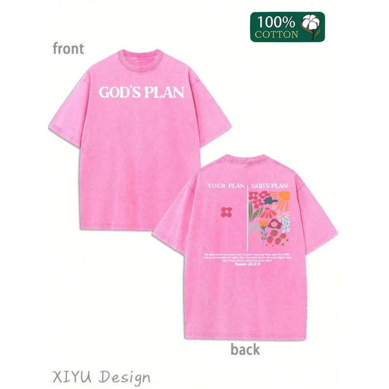 Men's Cotton T-Shirt Printed with "GOD'S PLAN" High Street Style Short Sleeve round Neck Casual Top for Youth Spring Autumn
