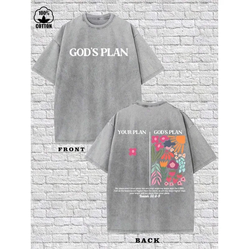 Men's Cotton T-Shirt Printed with "GOD'S PLAN" High Street Style Short Sleeve round Neck Casual Top for Youth Spring Autumn