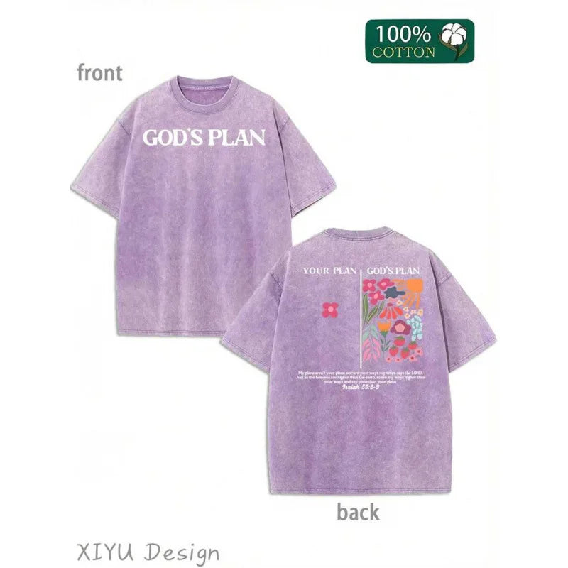 Men's Cotton T-Shirt Printed with "GOD'S PLAN" High Street Style Short Sleeve round Neck Casual Top for Youth Spring Autumn